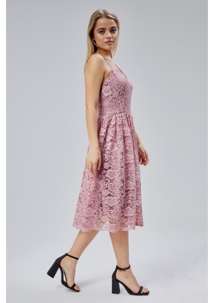 Kadın Dantelli V Yaka Fermuarlı Sırt Detaylı Ayarlanılabilir Omuz Askılı Kısa Elbise HV06063134