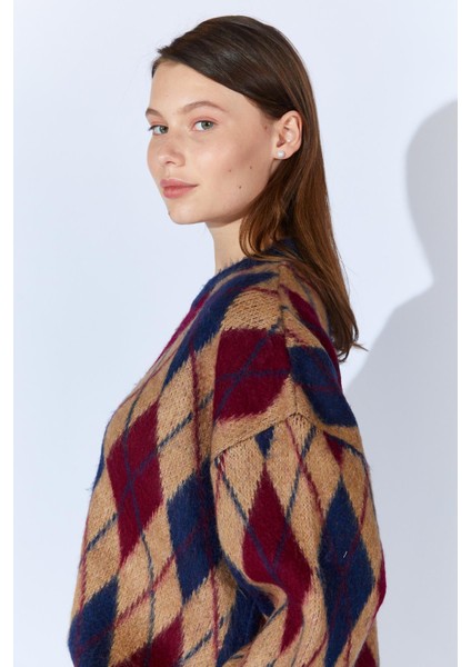 Kadın Lacivert Baklava Desenli Şardonlu Salaş Triko Kazak modelleri