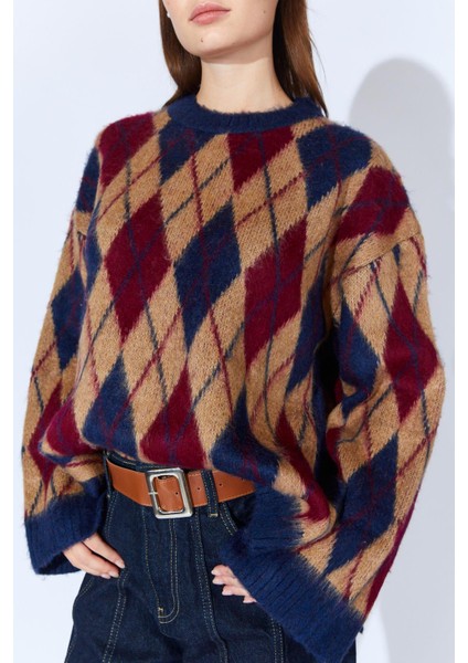 Kadın Lacivert Baklava Desenli Şardonlu Salaş Triko Kazak indirimleri