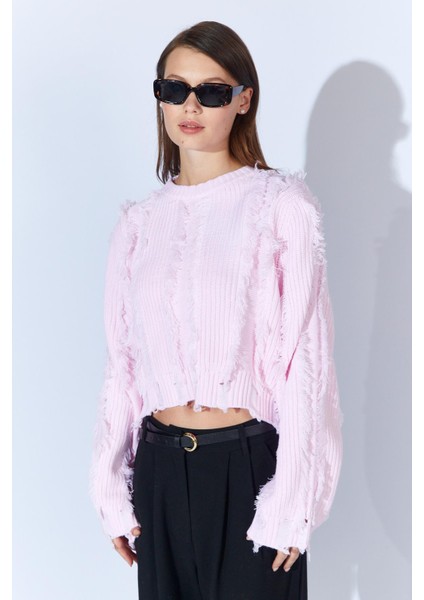 Kadın Pembe Önü Püskül Detaylı Kazak modelleri