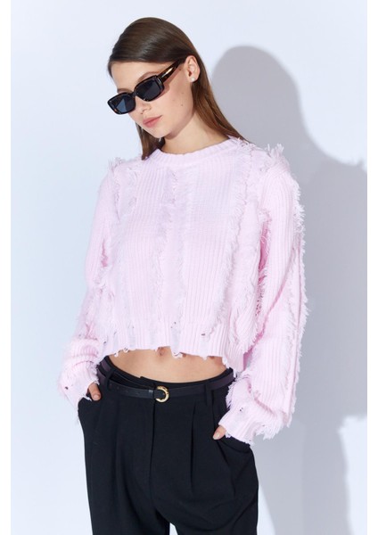 Kadın Pembe Önü Püskül Detaylı Kazak fırsatları