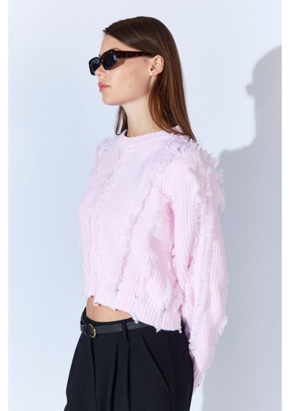 Kadın Pembe Önü Püskül Detaylı Kazak indirimleri