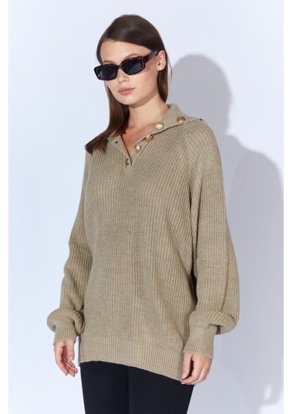 Kadın Vizon Şal Yaka Düğmeli Triko Kazak