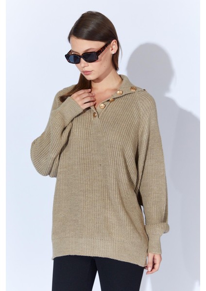 Kadın Vizon Şal Yaka Düğmeli Triko Kazak fiyatları