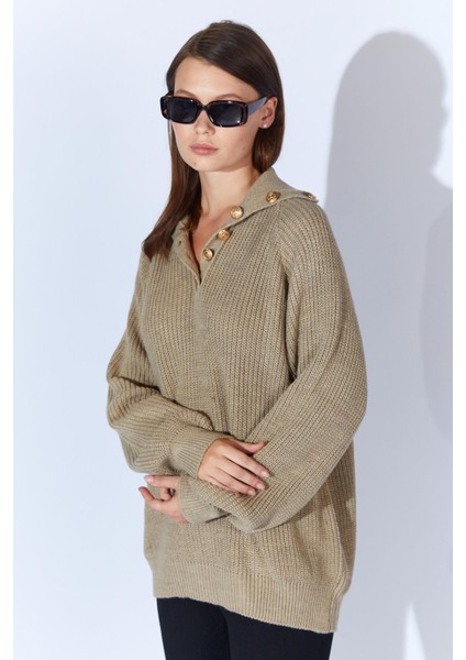Kadın Vizon Şal Yaka Düğmeli Triko Kazak modelleri