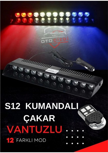 S12 Cam Içi Profesyonel Ikaz Lambası – Vantuzlu, Çakmaklık Girişli, Kumandalı, 3 Renk (Kırmızı-Mavi-Beyaz)