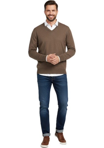 Erkek Baba Kazağı V Yakalı Ince Yün Dokuma