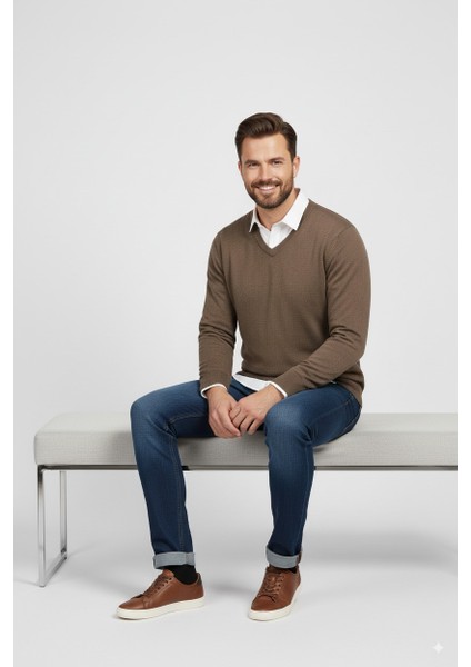 Erkek Baba Kazağı V Yakalı Ince Yün Dokuma fiyatları