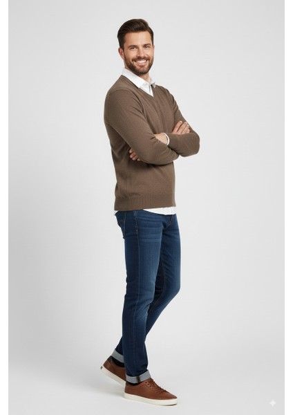 Erkek Baba Kazağı V Yakalı Ince Yün Dokuma modelleri