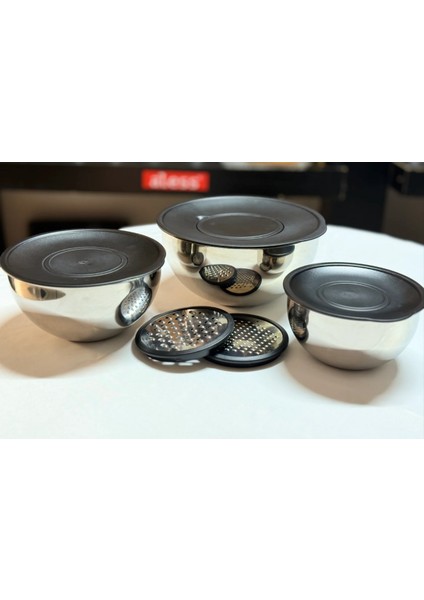 9 Parça 330 Paslanmaz Çelik Karıştırma Kasesi ve Saklama Kabı Seti – Rende Başlıklı, 17-21-26 cm