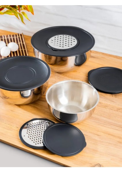 9 Parça 330 Paslanmaz Çelik Karıştırma Kasesi ve Saklama Kabı Seti – Rende Başlıklı, 17-21-26 cm modelleri