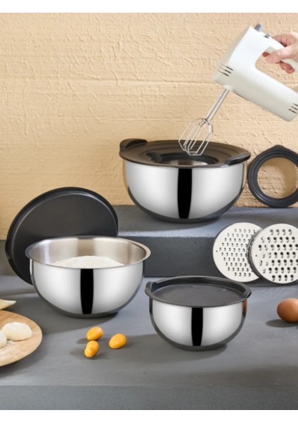 9 Parça 330 Paslanmaz Çelik Karıştırma Kasesi ve Saklama Kabı Seti – Rende Başlıklı, 17-21-26 cm