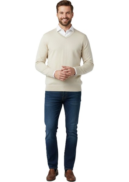 Erkek Uzun Kollu V Yakalı Düz Renk Klasik Model Rahat Kesim Tam Kalıp Yünlü Dokuma Kazak