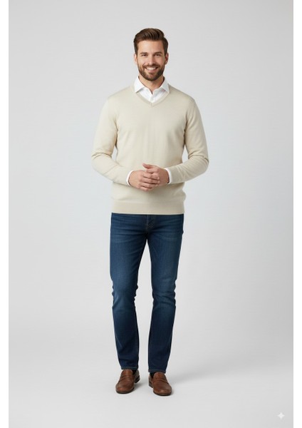 Erkek Uzun Kollu V Yakalı Düz Renk Klasik Model Rahat Kesim Tam Kalıp Yünlü Dokuma Kazak fiyatları