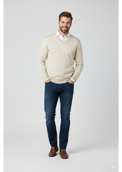 Erkek Uzun Kollu V Yakalı Düz Renk Klasik Model Rahat Kesim Tam Kalıp Yünlü Dokuma Kazak modelleri