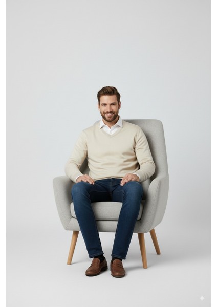 Erkek Uzun Kollu V Yakalı Düz Renk Klasik Model Rahat Kesim Tam Kalıp Yünlü Dokuma Kazak fırsatları