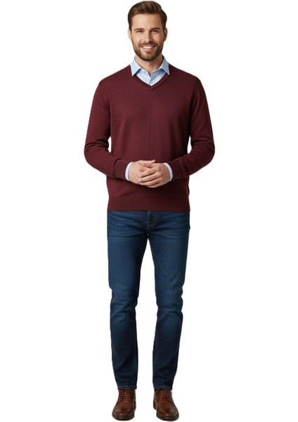 Erkek Baba Kazağı V Yakalı Ince Yün Dokuma