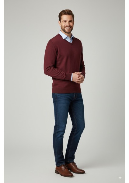 Erkek Baba Kazağı V Yakalı Ince Yün Dokuma modelleri