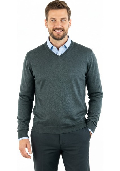 Erkek Uzun Kollu V Yakalı Düz Renk Klasik Model Rahat Kesim Tam Kalıp Yünlü Dokuma Kazak fırsatları