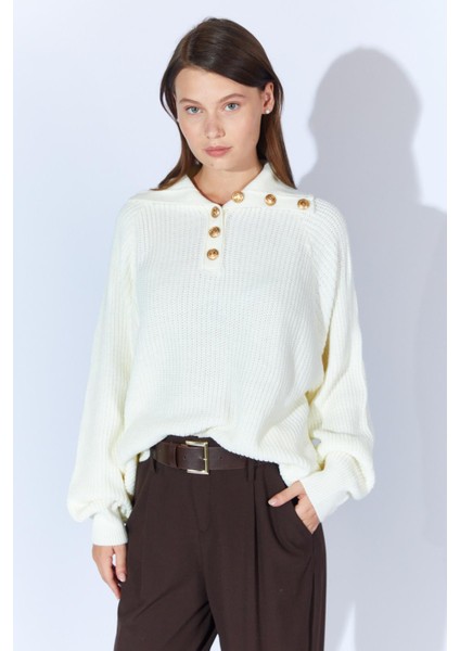 Kadın Kemik Şal Yaka Düğmeli Triko Kazak