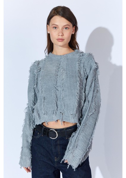 Kadın Gri Önü Püskül Detaylı Kazak modelleri