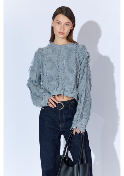 Kadın Gri Önü Püskül Detaylı Kazak fırsatları