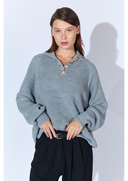 Kadın Gri Şal Yaka Düğmeli Triko Kazak fiyatları