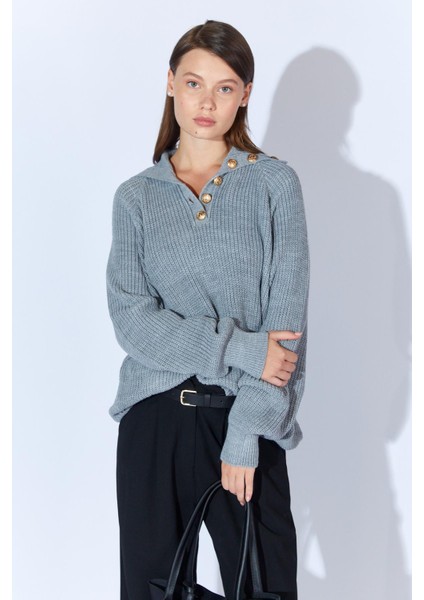 Kadın Gri Şal Yaka Düğmeli Triko Kazak modelleri