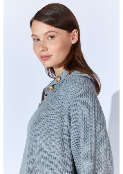Kadın Gri Şal Yaka Düğmeli Triko Kazak fırsatları