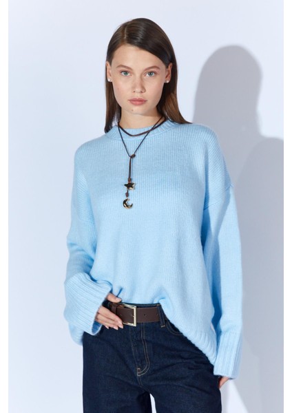 Kadın Mavi Bisiklet Yaka Basic Triko Kazak