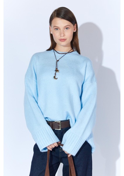 Kadın Mavi Bisiklet Yaka Basic Triko Kazak fiyatları