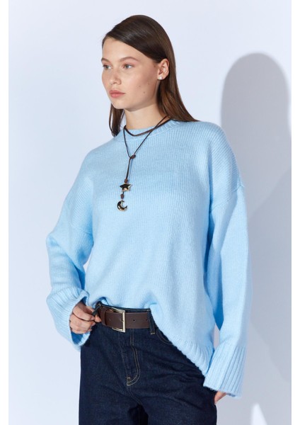 Kadın Mavi Bisiklet Yaka Basic Triko Kazak modelleri
