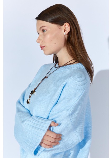 Kadın Mavi Bisiklet Yaka Basic Triko Kazak fırsatları