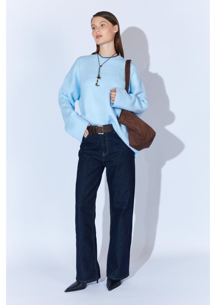 Kadın Mavi Bisiklet Yaka Basic Triko Kazak indirimleri