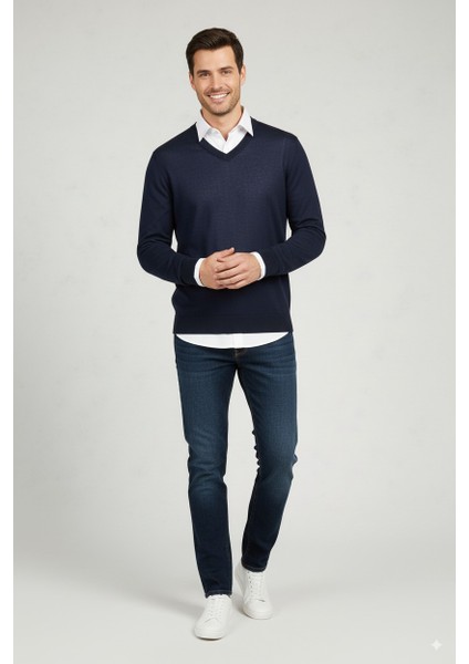 Erkek Uzun Kollu V Yakalı Düz Renk Klasik Model Rahat Kesim Tam Kalıp Yünlü Dokuma Kazak fiyatları