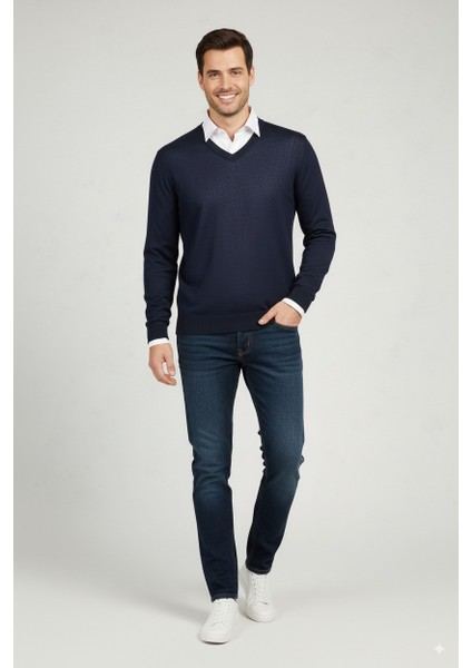 Erkek Uzun Kollu V Yakalı Düz Renk Klasik Model Rahat Kesim Tam Kalıp Yünlü Dokuma Kazak fırsatları