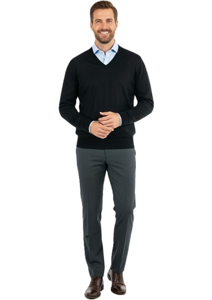 Erkek Baba Kazağı V Yakalı Ince Yün Dokuma