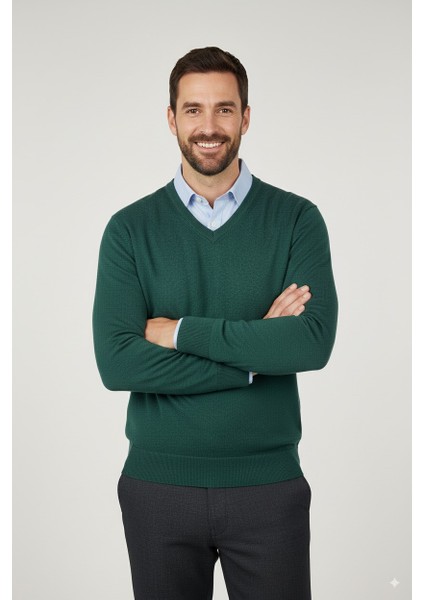 Erkek Uzun Kollu V Yakalı Düz Renk Klasik Model Rahat Kesim Tam Kalıp Yünlü Dokuma Kazak