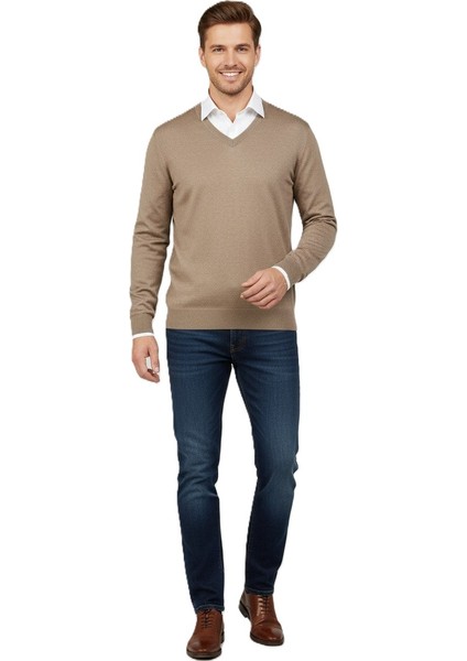 Erkek Uzun Kollu V Yakalı Düz Renk Klasik Model Rahat Kesim Ince Yünlü Dokuma Kazak