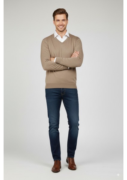 Erkek Uzun Kollu V Yakalı Düz Renk Klasik Model Rahat Kesim Ince Yünlü Dokuma Kazak modelleri