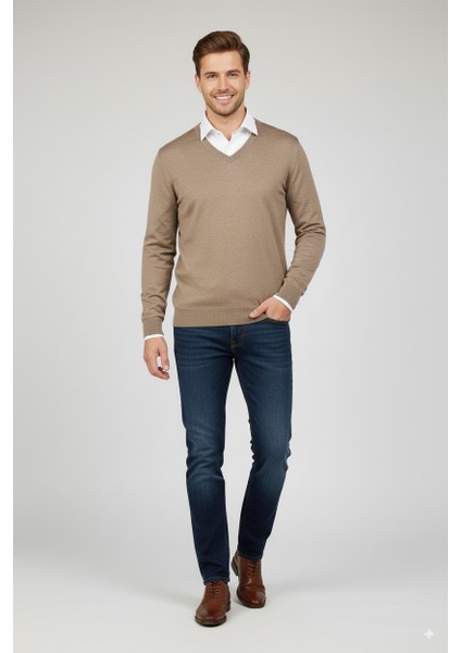 Erkek Uzun Kollu V Yakalı Düz Renk Klasik Model Rahat Kesim Ince Yünlü Dokuma Kazak fırsatları