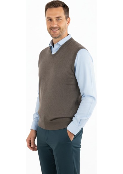 Erkek Baba Süveteri V Yakalı Ince Yün Dokuma