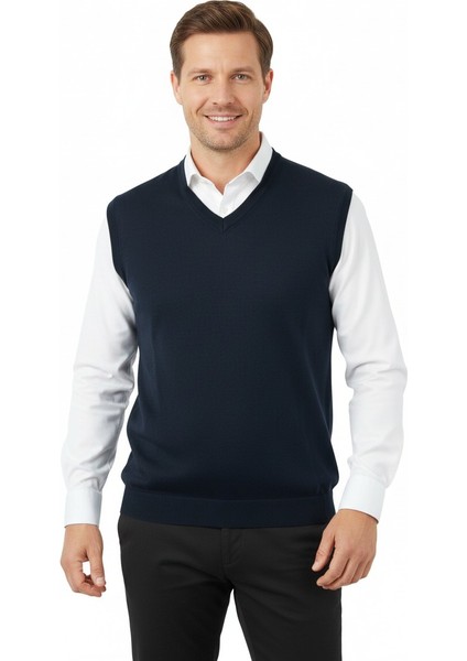 Erkek V Yakalı Düz Renk Klasik Model Rahat Kesim Tam Kalıp Yünlü Dokuma Süveter