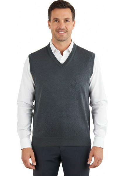 Erkek V Yakalı Düz Renk Klasik Model Rahat Kesim Tam Kalıp Yünlü Dokuma Süveter fiyatları