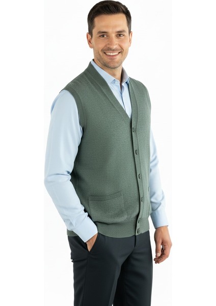 Erkek Baba Yeleği Önden Zarif Düğmeli ve Klasik Çift Cepli Rahat Kesim Ince Yünlü Dokuma