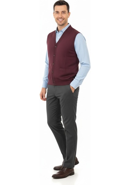 Erkek V Yakalı Düğmeli Çift Cepli Klasik Model Rahat Kesim Tam Kalıp Yünlü Dokuma Yelek