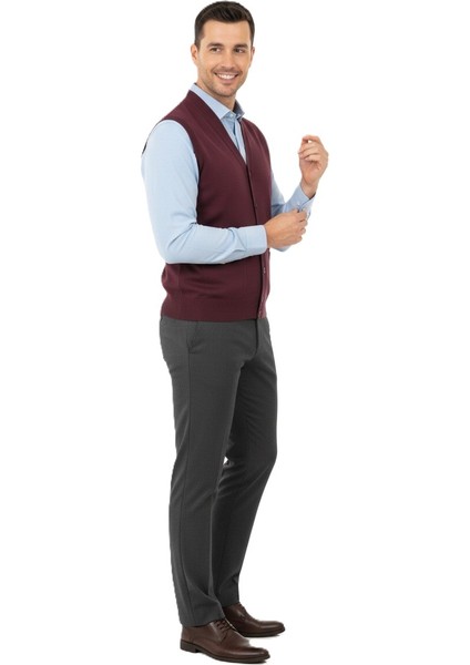 Erkek V Yakalı Düğmeli Çift Cepli Klasik Model Rahat Kesim Tam Kalıp Yünlü Dokuma Yelek fiyatları