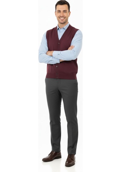 Erkek V Yakalı Düğmeli Çift Cepli Klasik Model Rahat Kesim Tam Kalıp Yünlü Dokuma Yelek fırsatları