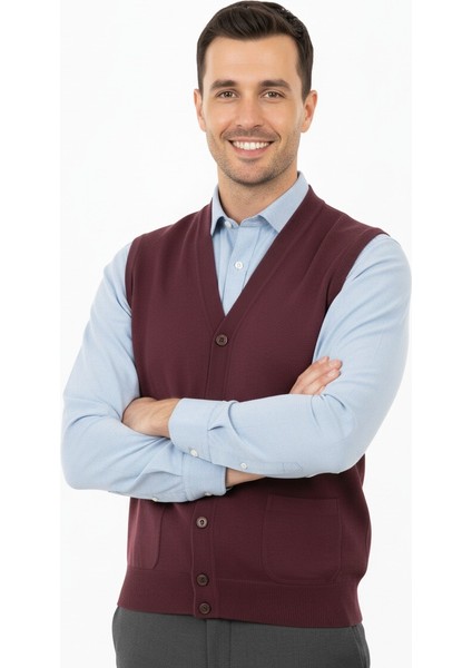 Erkek V Yakalı Düğmeli Çift Cepli Klasik Model Rahat Kesim Tam Kalıp Yünlü Dokuma Yelek indirimleri