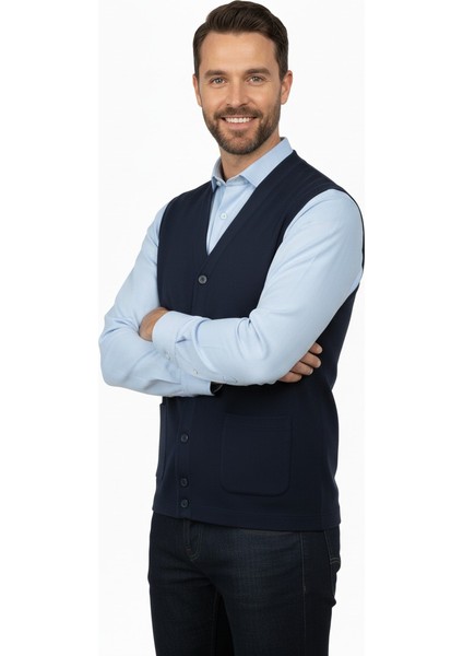 Erkek V Yakalı Düğmeli Çift Cepli Klasik Model Rahat Kesim Tam Kalıp Yünlü Dokuma Yelek modelleri
